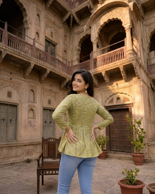 Olive Green Women Printed Kurti Top