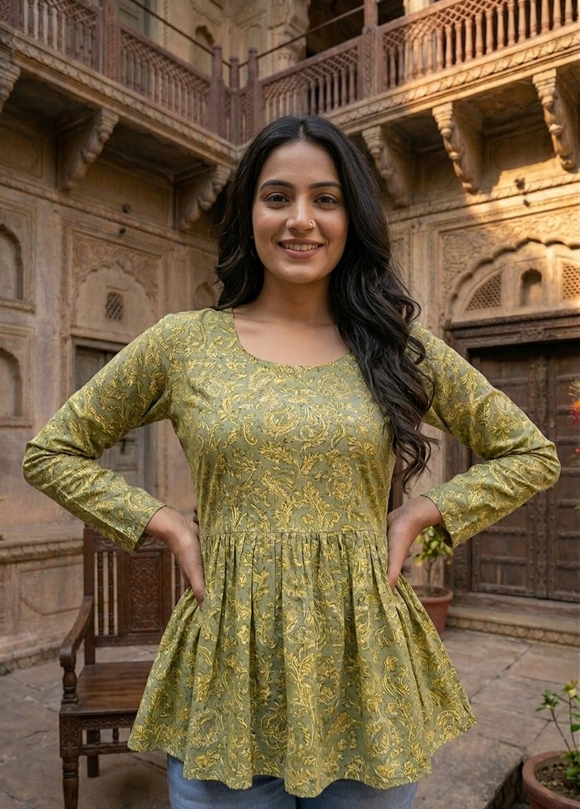 Olive Green Women Printed Kurti Top