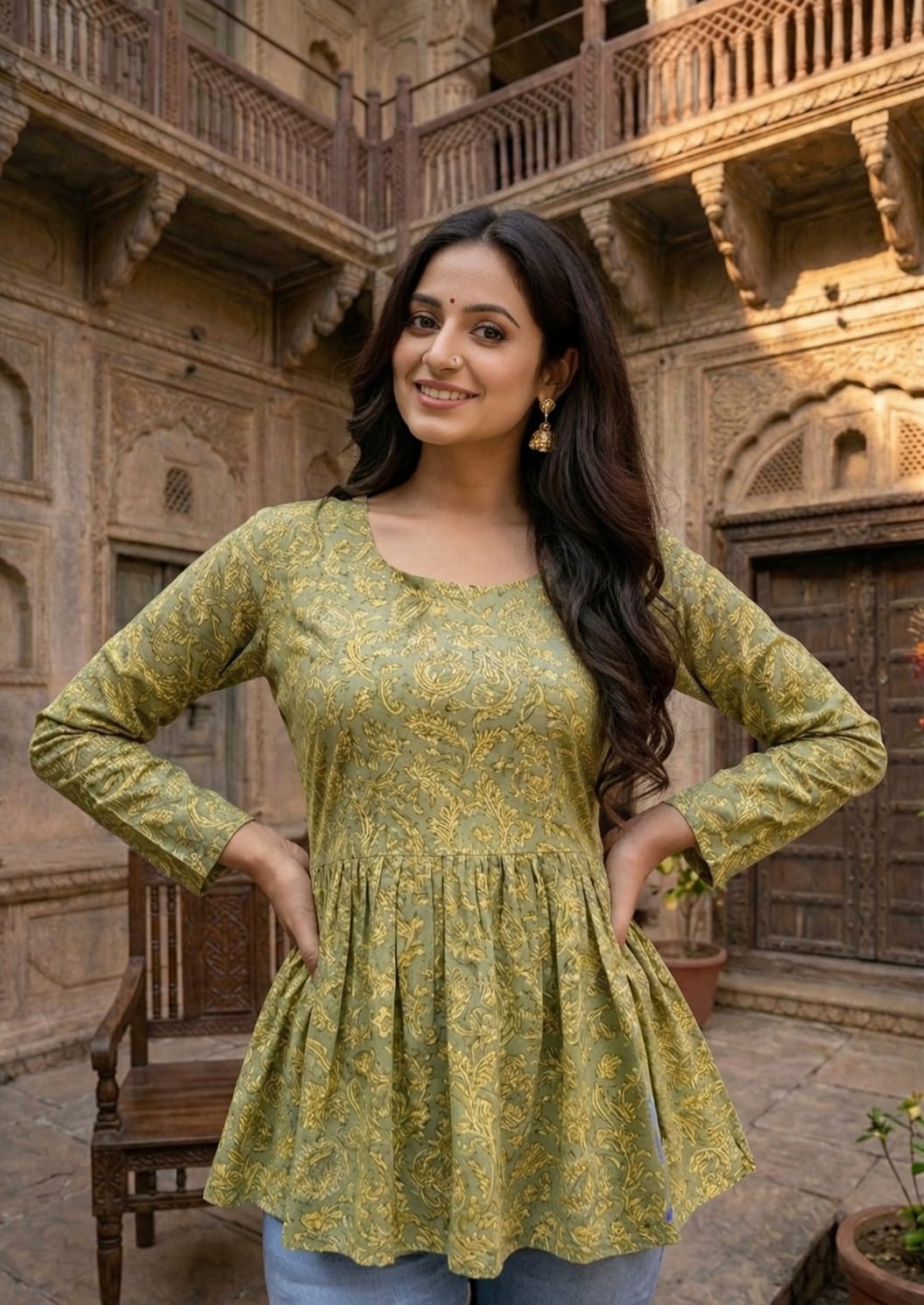 Olive Green Women Printed Kurti Top