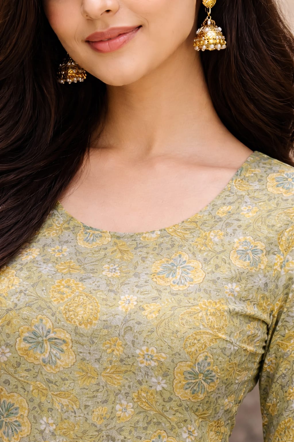 Olive Green Women Printed Kurti Top