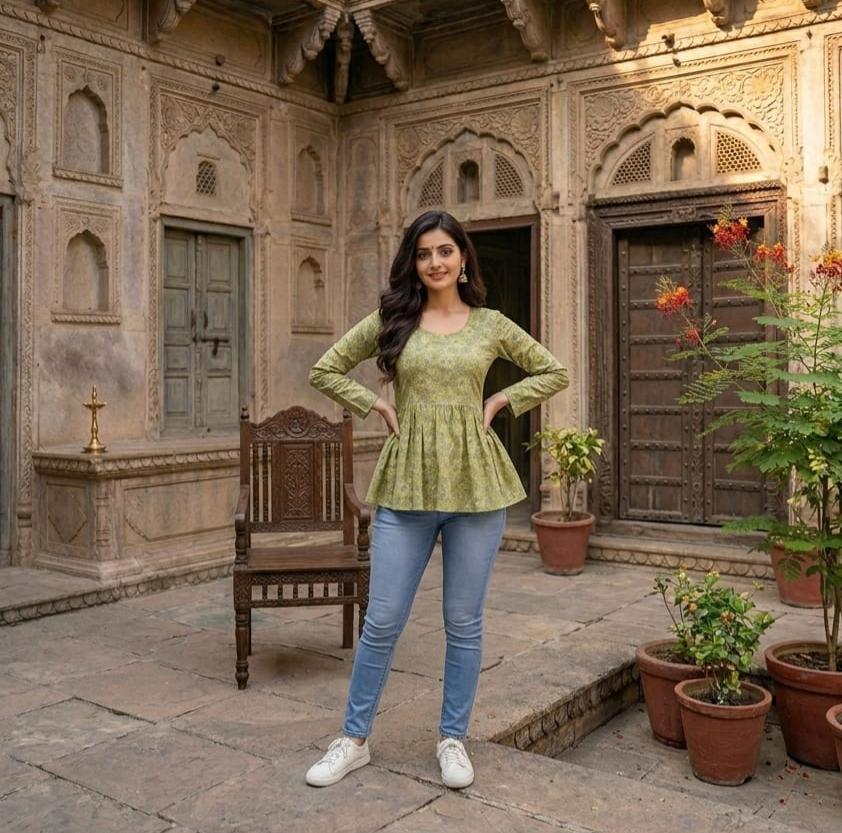 Olive Green Women Printed Kurti Top